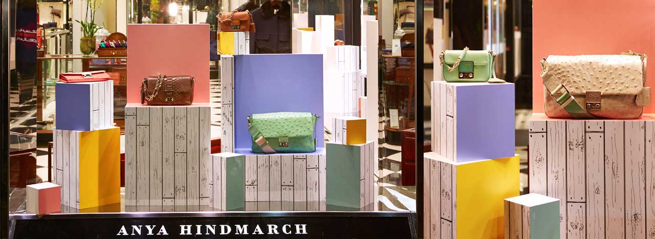 Wide shot depicting the full scale of Prop Studios' colour block design for Anya Hindmarch