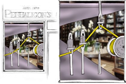 Concept drawing showing the oversized needles and thread displayed in the Penhaligon's windows