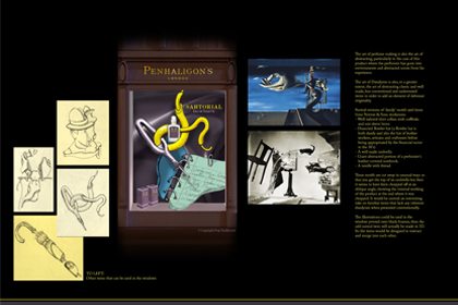 Original Prop Studios concept designs and sketches for the Penhaligon's Sartorial window campaign