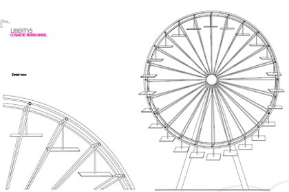 Conceptual sketch showing the Liberty Ferris wheel, designed and built by Prop Studios