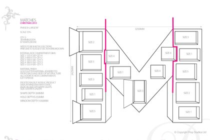 Prop Studios' initial technical drawing showing the dimensions and construction of the Matches M advent calendar sculpture