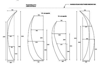 Technical drawing of the dimensions for the freestanding sculptures within the window