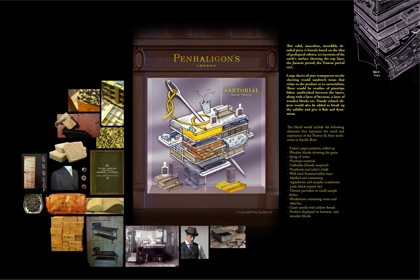 Final artboard to show Prop Studios' concepts for the various giant cotton reels designed for Penhaligon's