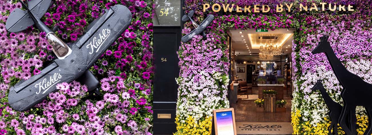 A montage of Prop Studios' window display for Kiehl's as part of Chelsea In Bloom