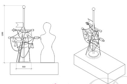 Technical drawing of the mannequin and mast, as well as the display table on which they stand within the Anya Hindmarch store