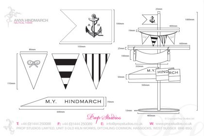 Technical drawing of some of the bespoke flags, designed by Prop Studios for the nautical themed window display for Anya Hindmarch