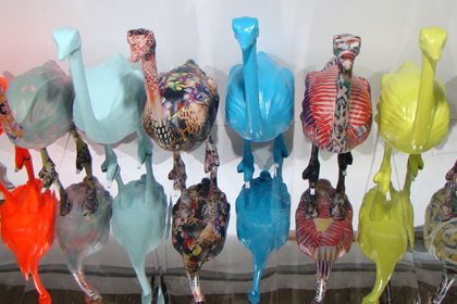 Eight of the ostrich sculptures, some spraypainted and others papier mached exclusively for Topshop by Prop Studios