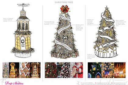 Prop Studios' initial design sketches and inspirations for the giant Christmas tree displays to be constructed within the Hyundai department store