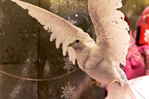 One of Prop Studios' two turtle doves, adorned with crystals by Prop Studios as part of Liberty Imaginarium's 12 Days Of Christmas window scheme