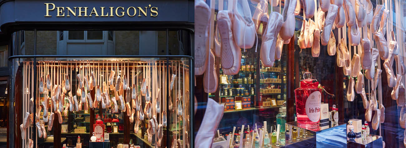 Image showing the Penhaligon's store and the interior window frame, featuring over 3000 ballet shoes sourced and arranged by Prop Studios