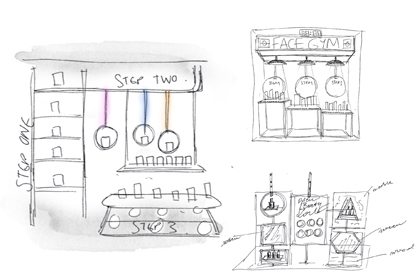 Technical sketches for Prop Studios' window display design for Facegym