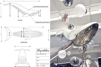 Prop Studios' original retail design sketch showing the construction of our floating leather whale sculpture