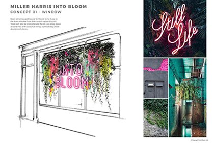 Window concept for Miller Harris store, with examples of signage and foliage