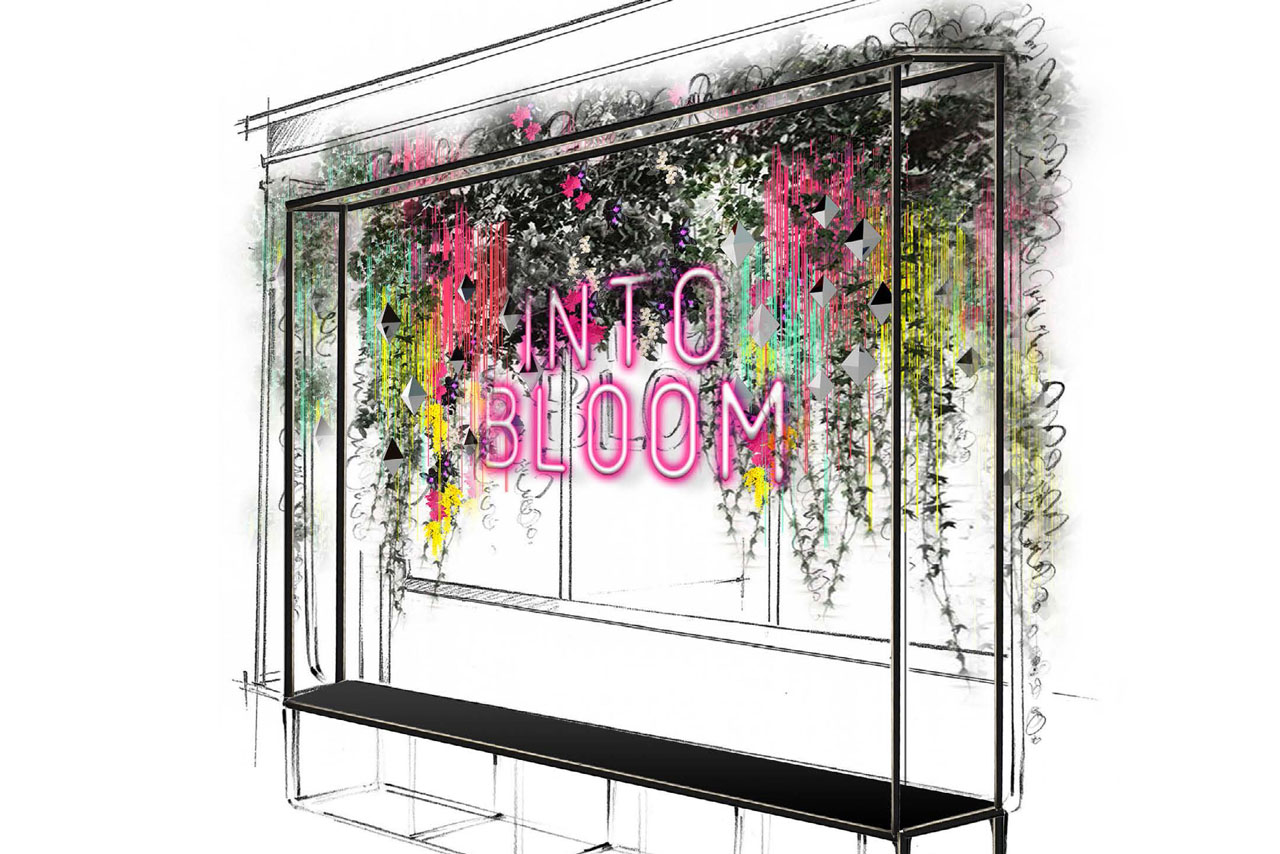 Prop Studios hand-sketched rendering of the Miller Harris front window, highlighting the neon signage and hanging neon floral displays