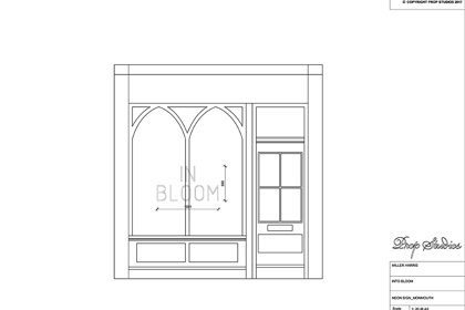 Initial sketch of the front entrance way to the Miller Harris store, with dimensions for Prop Studios' neon 