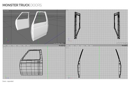 Prop Studios' computer-designed images of the construction and placement for the doors of the monster truck