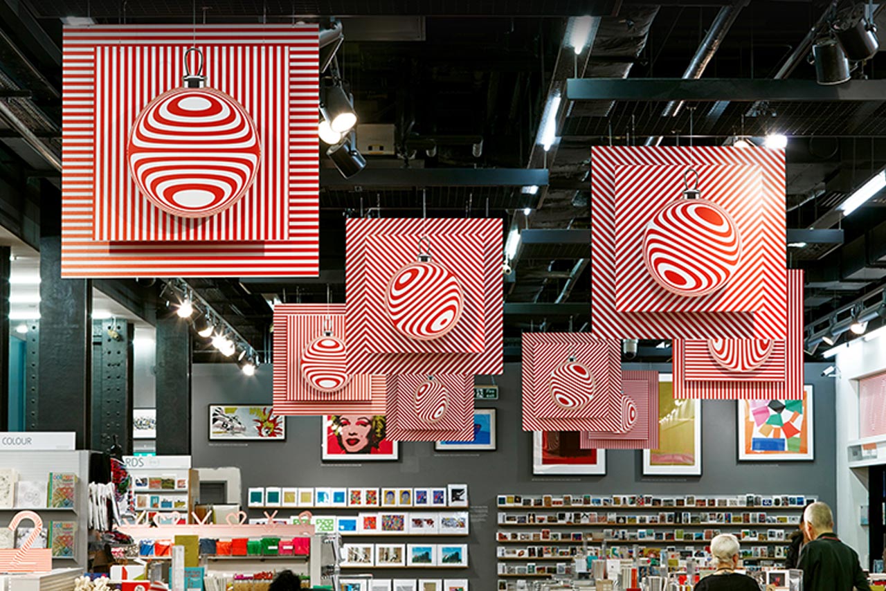 Prop Studios' designs were hung throughout the gift shop of the Tate Modern, adding a subtle touch of Christmas to the gallery