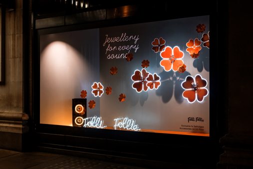 Full exterior shot of Prop Studios' window design for Folli Follie