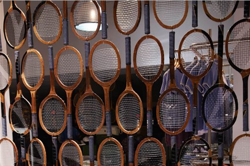 Each of the 800 racquets was hand-painted for the window display by Prop Studios to depict the Fred Perry logo