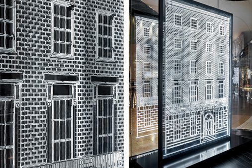 Front view of the reflected Jo Malone townhouse windows at Selfridges