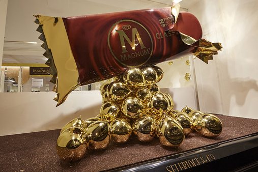 The second window design for Magnum at Selfridges by Prop Studios, showcasing an unwrapped Magnum