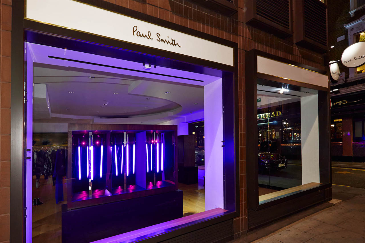 Exterior shot of the Paul Smith store, showing the neon lighting display created exclusively by Prop Studios